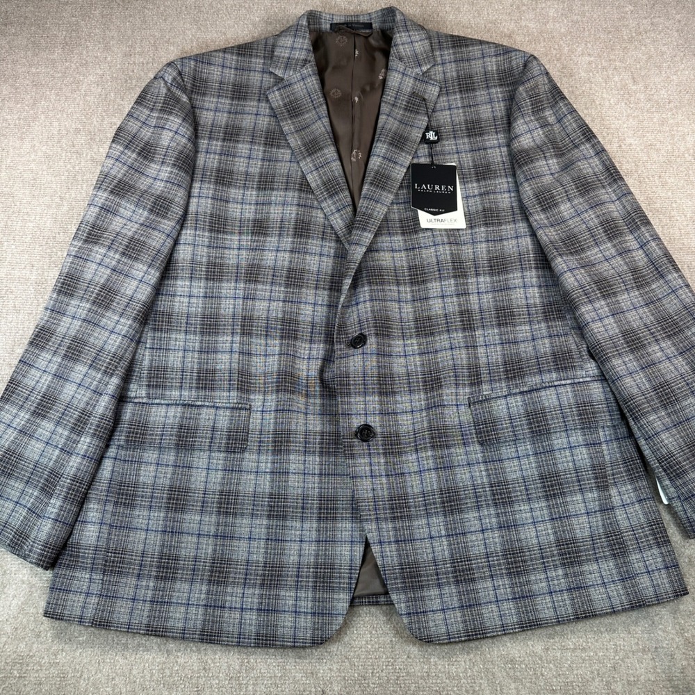 Lauren Ralph Lauren Classic Fit Plaid cocktail Sport Coat Taupe Blue 46R NEW